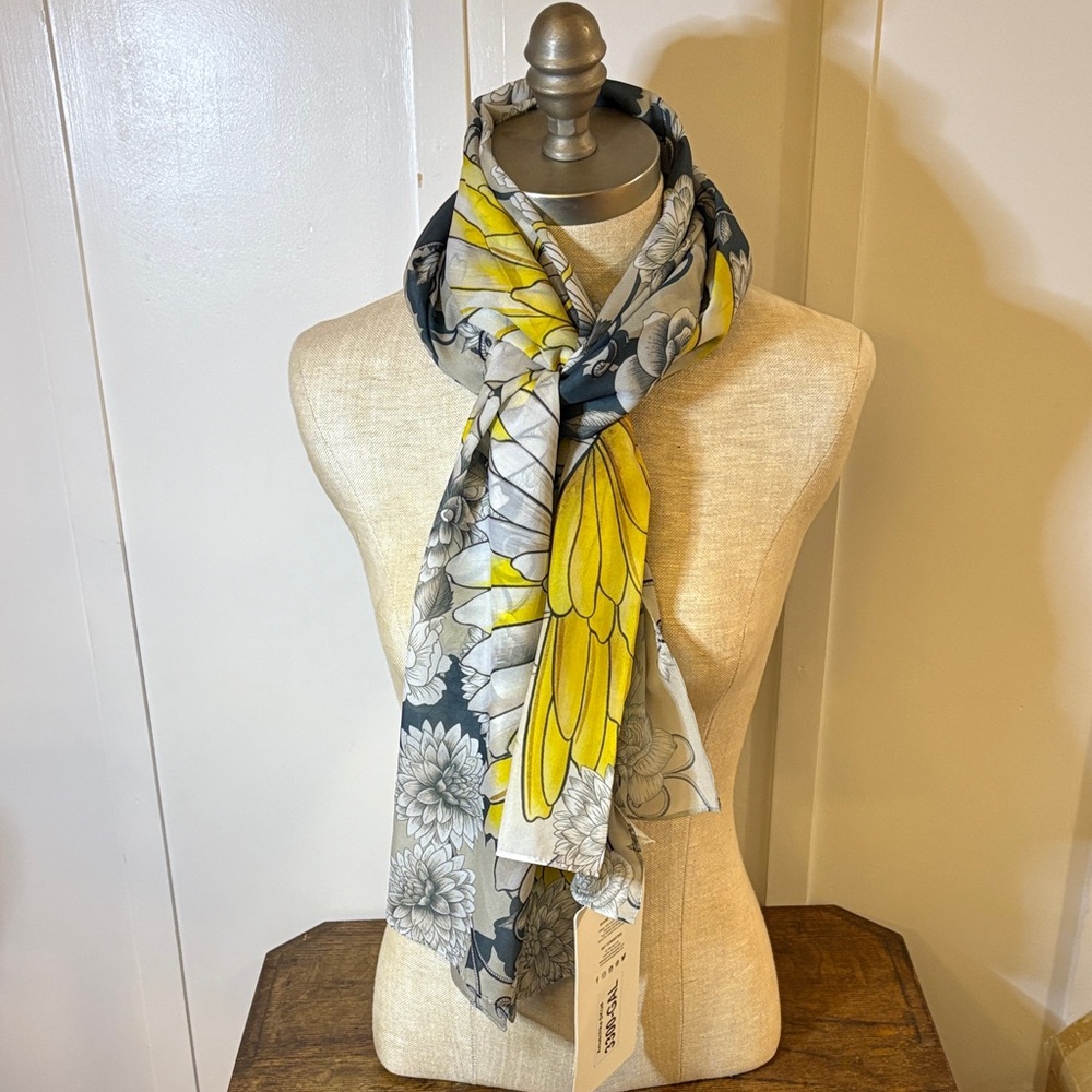 Anuschka Yellow and Gray Floral Scarf